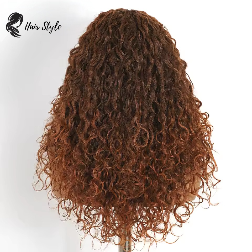 باروكة طويلة كيرلي دونتال جذور بفرقة في الوسط – بلون بني دافئ مع حذور داكنة